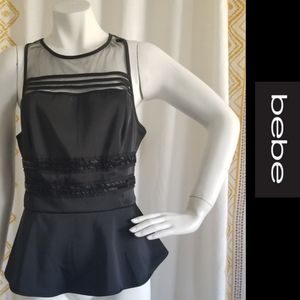 BEBE Blk Mesh Peplum Top